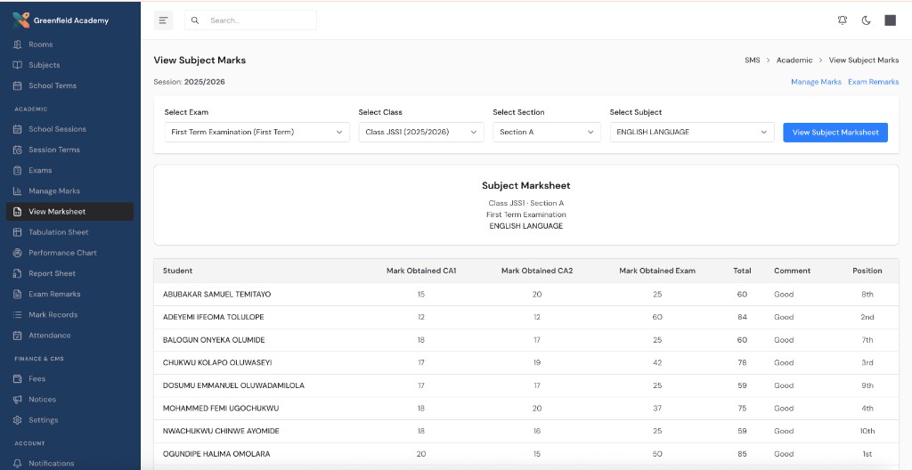 SchoolManager subject marksheet