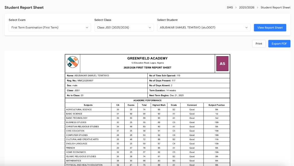 SchoolManager Report Sheets