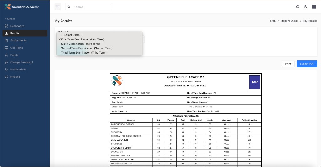 SchoolManager student results